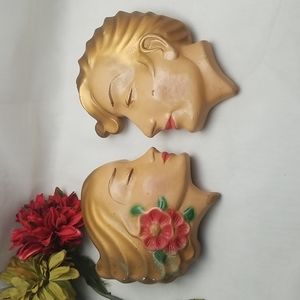 Mid Century Chalkware Kissing Couple Wall Hangings